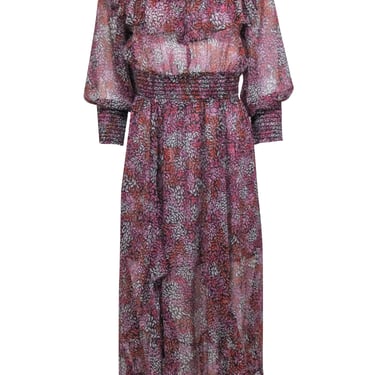Misa Los Angeles - Black, Pink, & Orange print Semi Sheer Off The Shoulder Dress Sz S