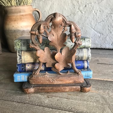 French Wood Book Slide, Shelf, Carved Oak Leaf Acorn Design, Black Forest Carving, Antique Book Display 