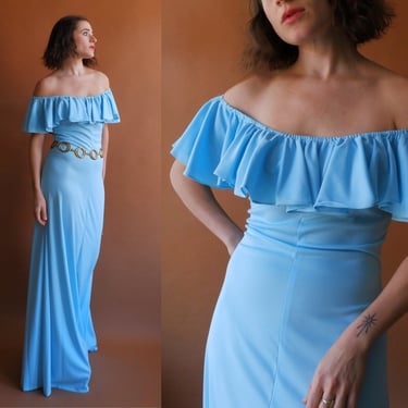 Vintage 70s Off The Shoulder Baby Blue Maxi Dress/Size Small 