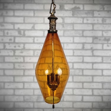 Hollywood Regency 3 Light Amber Colored Glass Swag Lamp Light Bronze Finish 