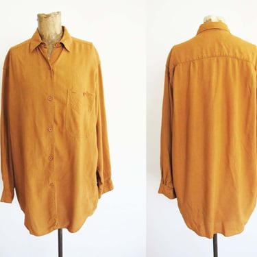 Vintage 90s Mustard Brown Long Sleeve Button Up S M - 1990s Grunge Baggy Oversized Solid Color Ochre Yellow Earth Tone Rayon Shirt 