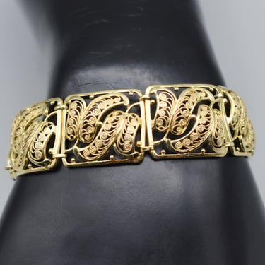 Willi Nonnenmann 50's sterling vermeil filigree panel bracelet, WN Germany gilded 925 silver cannetille ferns bracelet 