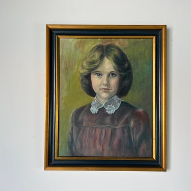 70's Vintage Oil Portrait Painting of a Young Girl, Framed 