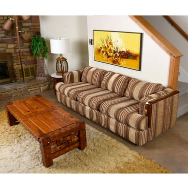 Post Modern Brown Striped Wood and Brass Accent Tuxedo Sofa 