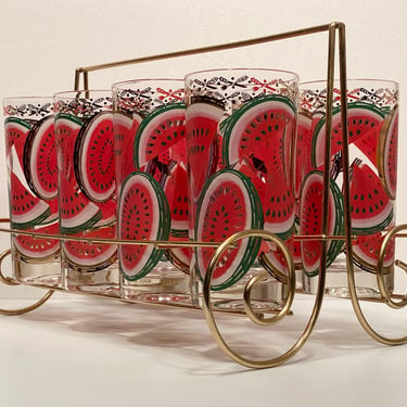 Set of Eight 1950's Watermelon Glasses with Brass Carrier 