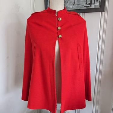 Vintage Bright Red Cape with Gold Buttons 