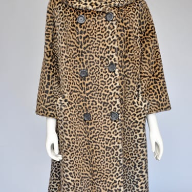 1950s 60s faux fur leopard print swing coat with collar L/XL 