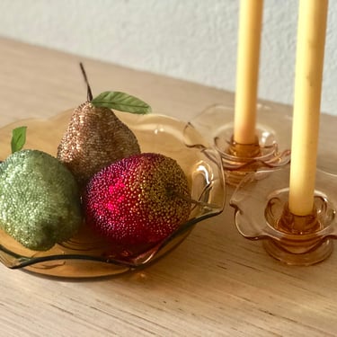 Vintage Amber Glass Centerpiece Bowl and Matching Candle Stick Holders Scalloped Edges Table Centerpiece Amber Glass Console Set 