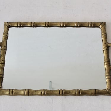 Vintage Modern Brass Finish Metal Faux Bamboo Mirrored Cocktail Serving Tray 