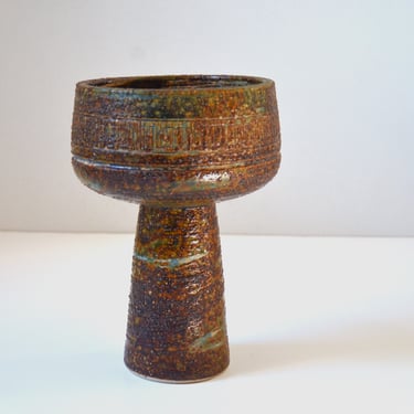 Mid-Century Brutalist Art Pottery Footed Bowl with Textured Glaze, Made in Japan 