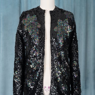 Gorgeous Vintage 1960s Rainbow Iridescent Flowers on Black Sequin Cardigan Jacket 