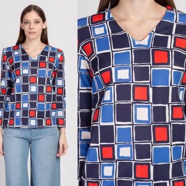 60s Mod Long Sleeve Top - Small | Vintage Blue & Red Patterned Blouse 