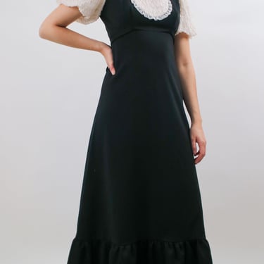 1970s Black Maxi Dress with Ruffled Bib and Puff Ruffle Sleeves