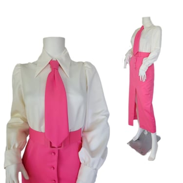 Jack Bryan 1970's Pink White Button Down Menswear Inspired Maxi Dress I Sz Med 