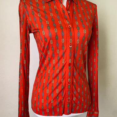 RARE Vintage 70s CELINE Paris Iconic Chain Print Red Silk Blouse - Couture Button Up Long Sleeve Shirt 