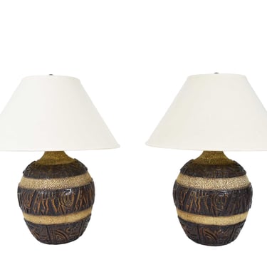 Midcentury Brutalist Style Bulbous Ceramic Table Lamps in Bronze