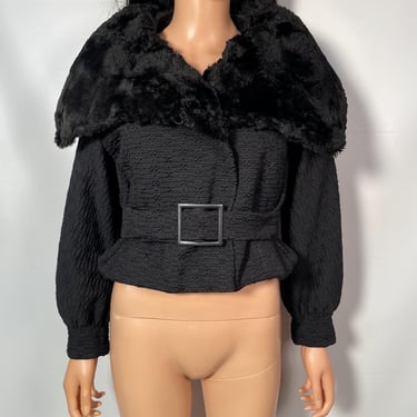 Vintage 40's Cropped Belted Jacket With Beaver Fur Collar Size S 