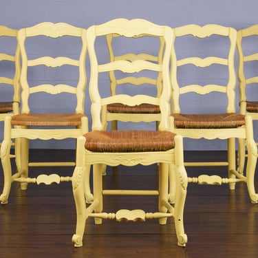 Country French Louis XV Style Provincial Painted in Yellow Dining Chairs W/ Rush Seats - Set of 6 