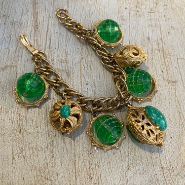 1950s bauble bracelet, asian style, green and gold beads, vintage charm bracelet, mid century jewelry, mod style, 1960s bracelet, mrs maisel 