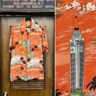 Vintage 1950’s Aloha Tower x Surfer Tropical Tiki Crepe Hawaiian Shirt, Original, 50’s Loop Collar, Vintage Clothing 