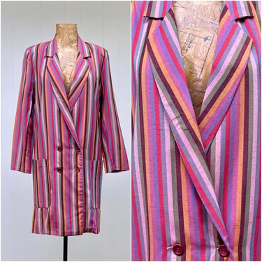 Vintage 1980s Double-Breasted Striped Rayon Coat or Dress, 80s New Wave Menswear Style, Small 36
