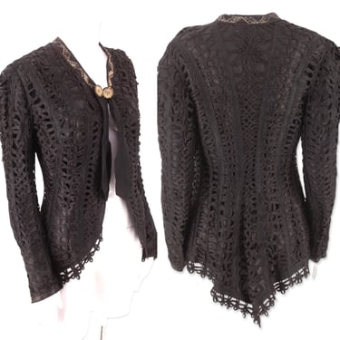 1800s tape lace jacket, Victorian Edwardian mourning bodice, antique 1900s bustle jacket S 