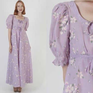 Long Prairiecore Violet Floral Dress Vintage Floor Length Boho Sundress Puff Sleeve Bridesmaids Party Gown 