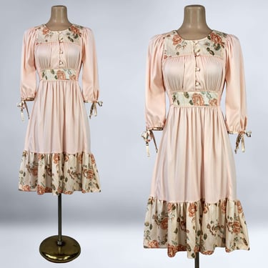 VINTAGE 70s Peach Floral Midi Length Prairie Dress S/XS WPL 5192 | 1970s Cottagecore Boho Festival Dress | vfg 