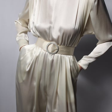 Vintage Oyster Satin Pleated & Belted Jumpsuit