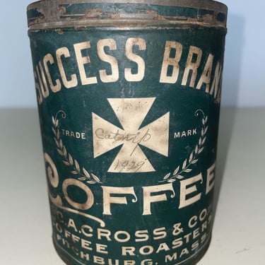 Success Brand Coffee Tin Paper Label C.A. Cross Co Fitchburg Massachusetts, Vintage collectible tins, coffee can, vintage kitchen decor 