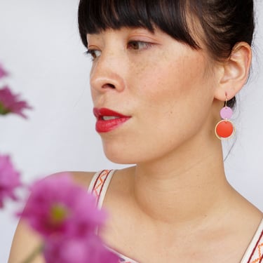 Lilac + Red Orbit Leather Earrings - Colourful Retro Statement Earrings 