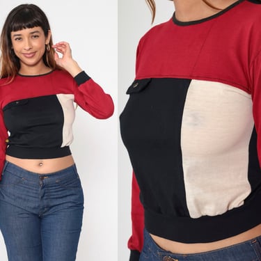 80s Color Block Crop Top Sasson Red Black Cream Cropped Blouse Surfer Slouchy Banded Hem Long Sleeve Shirt Vintage 1980s 2xs xxs 