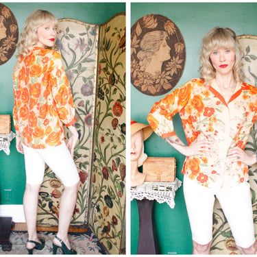 1960s Blouse // Silk Orange Floral Lee Mar Blouse // vintage 60s blouse 