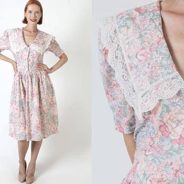 Romantic Garden Rose Floral Dress, Vintage Lawn Lace Collar, Peasant Flower Print, Rustic Midi Retro Dress 