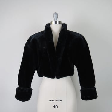 Vintage 1980s faux fur cropped jacket, black, size medium, large 