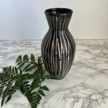 Japanese Pottery Vase - Vintage Asian Black Pottery White Stripes 