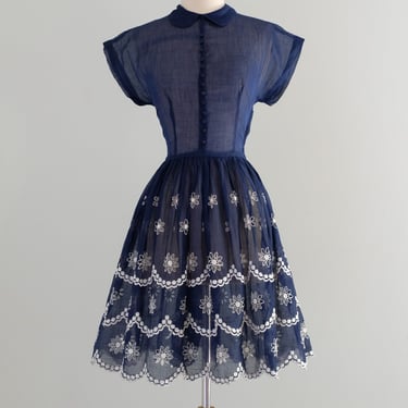 Vintage Early 1960’s Navy Blue Organdy Sundress With Scalloped Hem / XS