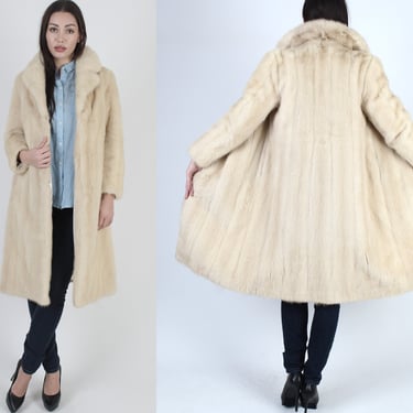 1970s Blonde Mid Length Mink Coat, Vintage Plush Notched Fur Under Collar, Relined Long Stroller Jacket Sz S Small 