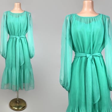 VINTAGE 70s Sea Glass Green Micro Pleated Chiffon Dress by Ruth McCulloch | 1970 Sheer Sleeve Disco Dress and Slip | Stevie Nicks | vfg 