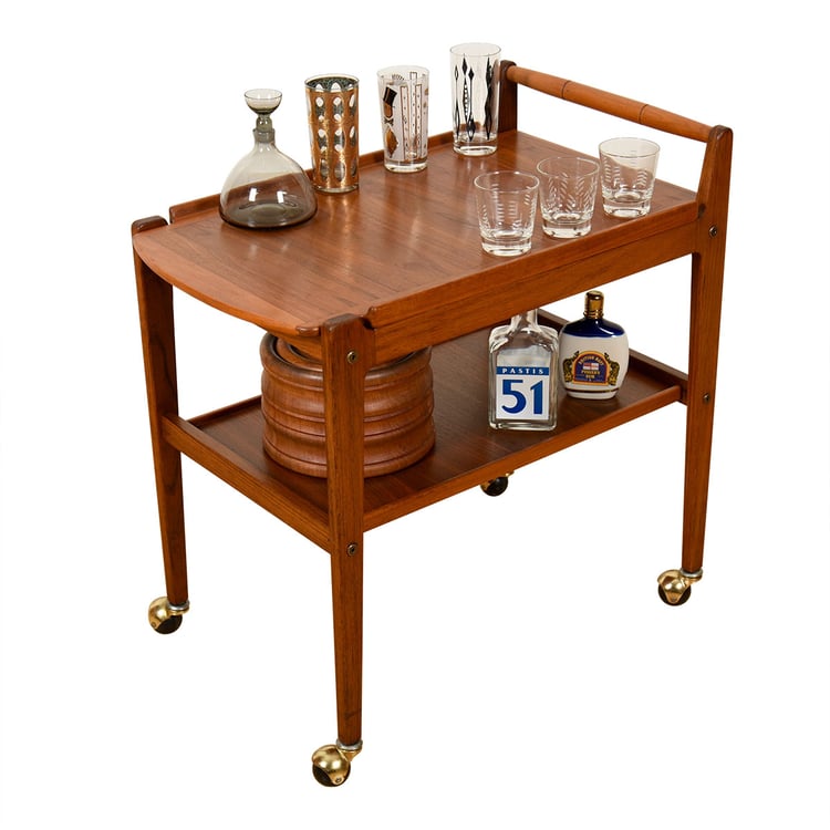 Rolling Apartment-Sized Danish Teak Serving | Bar Cart w. Removable Tray