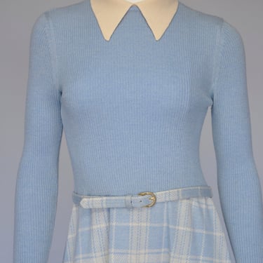 late 60s early 70s powder blue plaid knit dress with peter pan collar XS/S 
