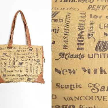 vintage 70s purse beige brown US cities print carryon tote bag novelty print 