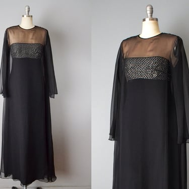 1970s Estevez Dress/ Studio 54 Dress/ Black Chiffon And Rhinestone Gown / Disco Dress/ Size Small 