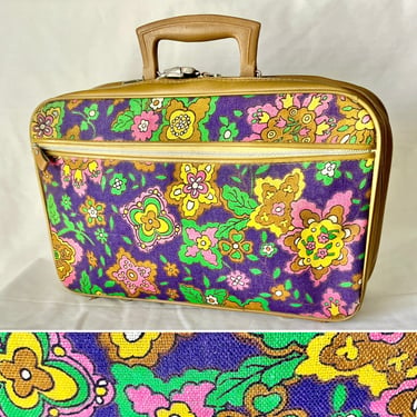 Vintage Travel Bag, Flower Power, Tote Carry On Luggage, Vegan, Zip Up, Satchel, 60s 70s 