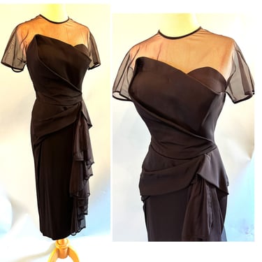 Stunning Vintage 1950s Dorthy O'Hara Cocktail Party Dress with Side Swag -- Size Small 