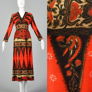 Small 1970s Suzy Perette by Victor Costa Ethnic Print Dress Vintage Bohemian Maxi Midi Dress 70s Boho Day Dress 