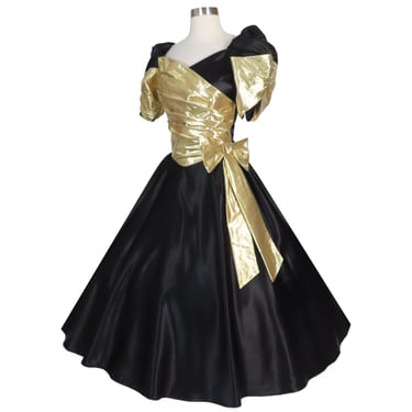 Vintage 80s Black Satin Gold Metallic Lamé Foil BOW Puff Sleeves Full Skirt Prom Party Dress S Small Eighties Dance Costume Womens Formal 