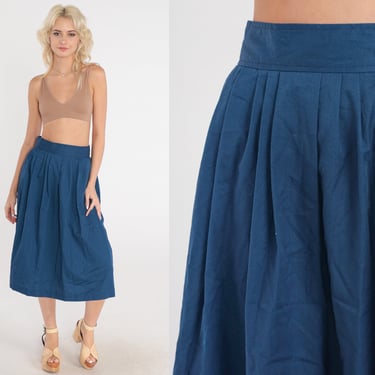 Navy Blue Skirt 80s Midi Skirt Pleated High Waisted A-Line Skirt Retro Basic Preppy Simple Plain Minimal Chic Vintage 1980s Extra Small xs 