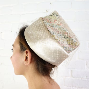 1960s Creme Velvet & Brocade High Crown Hat | 60s Off White High Bucket Hat | Jackie O 