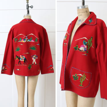 vintage 1940s red wool tourist jacket • Mexican embroidery patch pocket jacket 